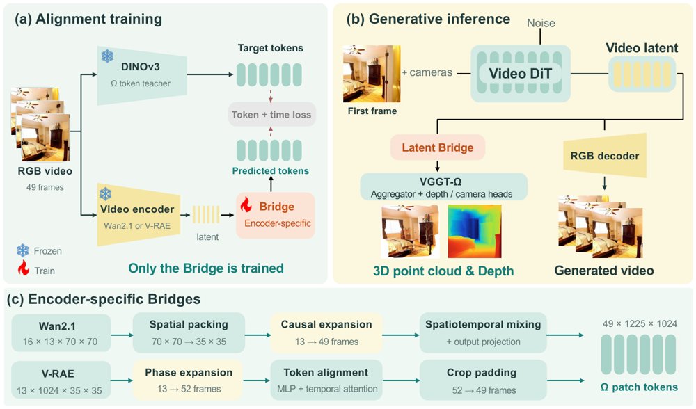 Latent Bridge 总览：(a) 特征对齐训练，(b) 由共享潜变量同时进行视频生成与几何预测，(c) 两类桥接网络的结构。