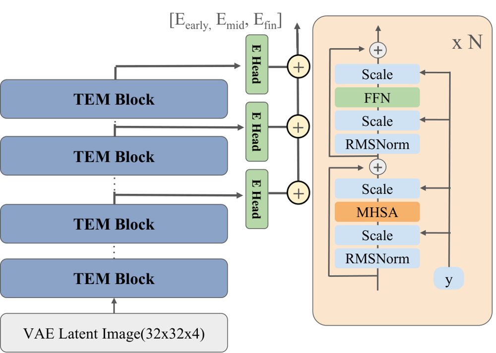 TEM 架构与训练策略：左侧 Transformer 能量模型处理 VAE 编码的潜变量 token，多层能量头输出标量能量并求和；右侧对比训练压低数据样本 x⁺ 的能量、抬高 MCMC 负样本 x⁻ 的能量，同时用 PRA 把内部特征对齐到冻结的视觉基础模型。