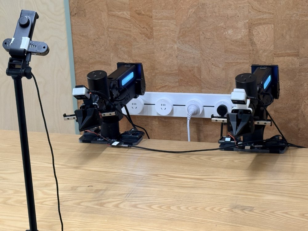 真实实验装置：两台 ARX R5 机械臂配双指夹爪共享桌面工作区，由一台外置 Orbbec Gemini Pro 相机和两台腕部 Orbbec Gemini 305 相机提供三路视角，照片拍摄于放置任务物体之前。